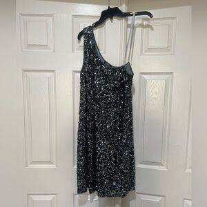 Adrianna Papell silver sequined One Shoulder Line Special Occasion midi dress 14